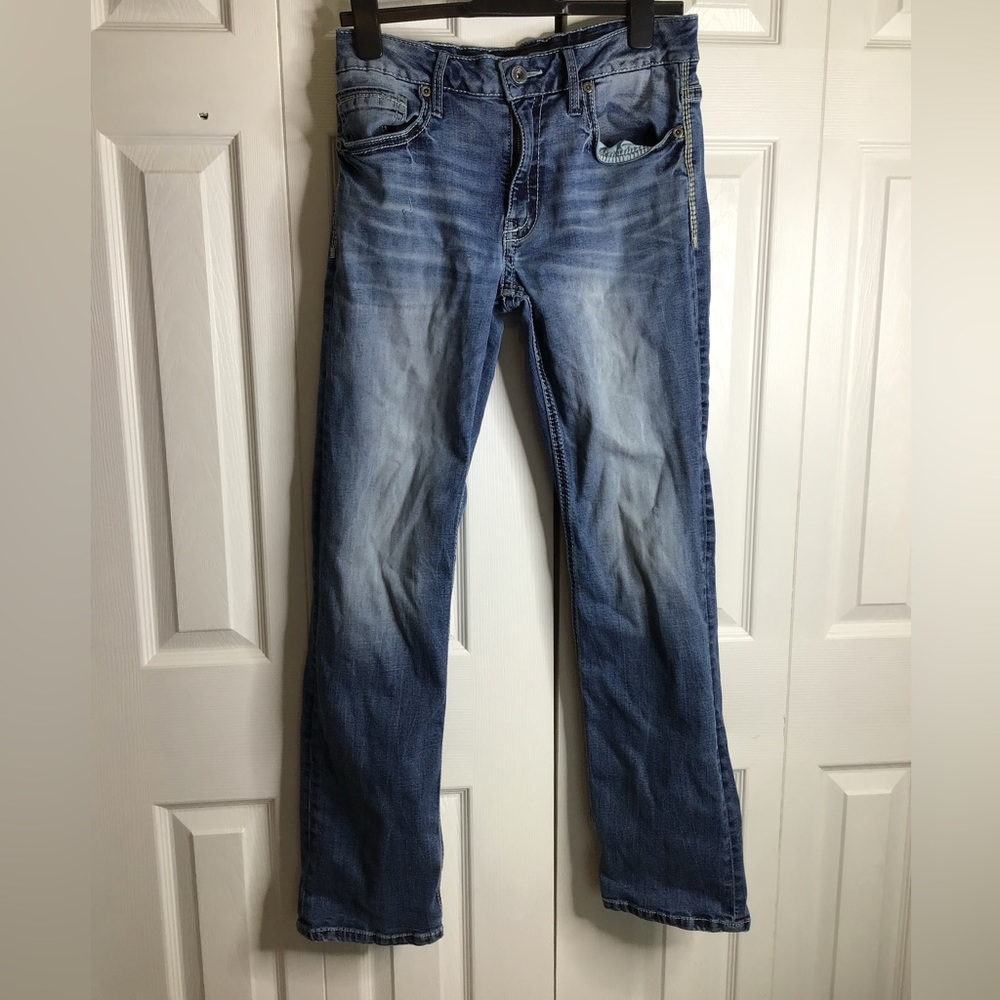 BKE Jeans Mens 31R Jake Boot Cut Denim Blue Cotton Stretch Pants Distressed